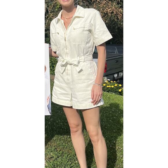 A.P.C. White Cotton Denim Collared Gold Zipper Front Tie Waist Romper Size 38 - Picture 3 of 12